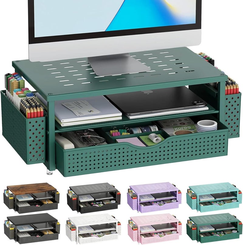 gianotter Desk Organizers and Accessories, Monitor Stand with Drawer and 2 Pen Holder, Desktop Organizer Suitable for Offices and Dormitories (Green) - Image 1